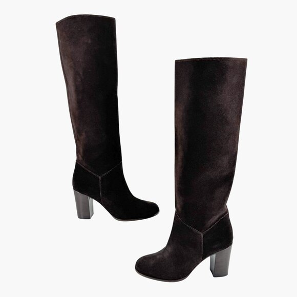 Chanel CC Dark Brown Suede Knee High Riding Boots Block Heel Size 37 US 6-6.5 - Picture 8 of 13